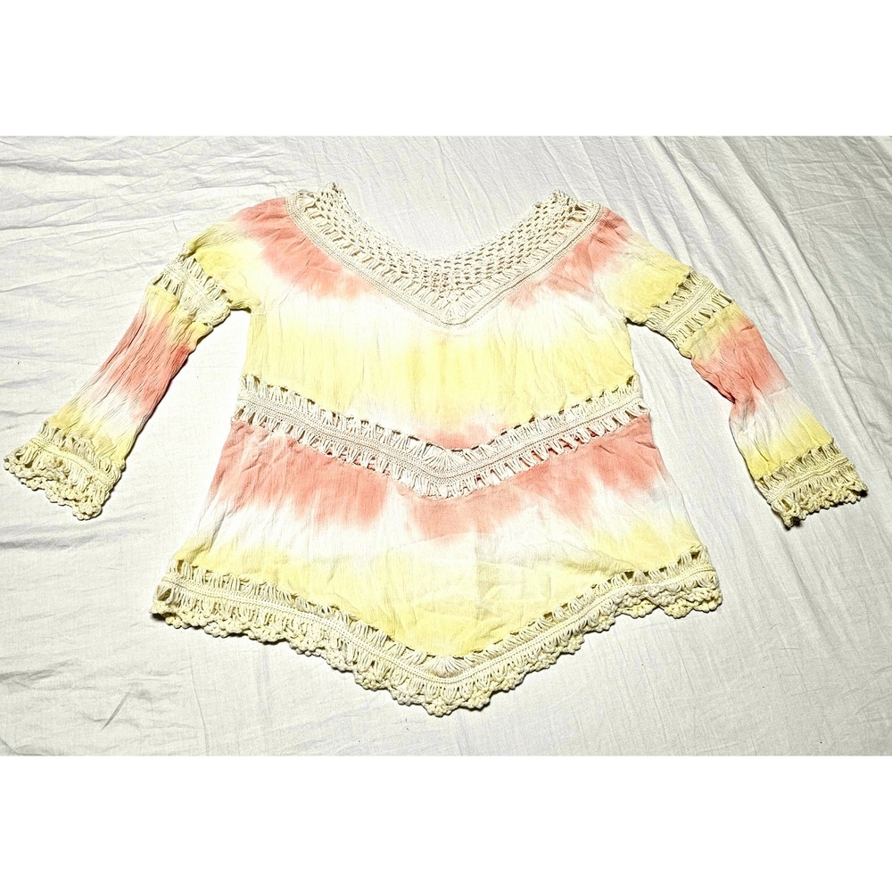 Surf Gypsy Tie Dye Crochet Trim Top Womens Size Medium Peach Yellow Boho CC2502